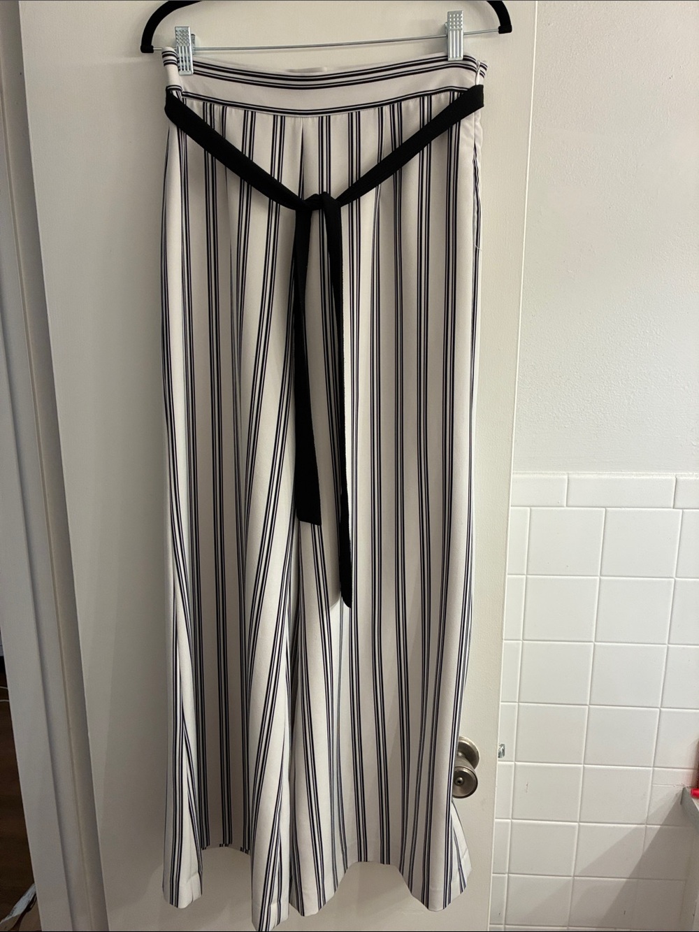 Insight Black & White Vertical-Striped Wide-Leg Tie-Waist Pants